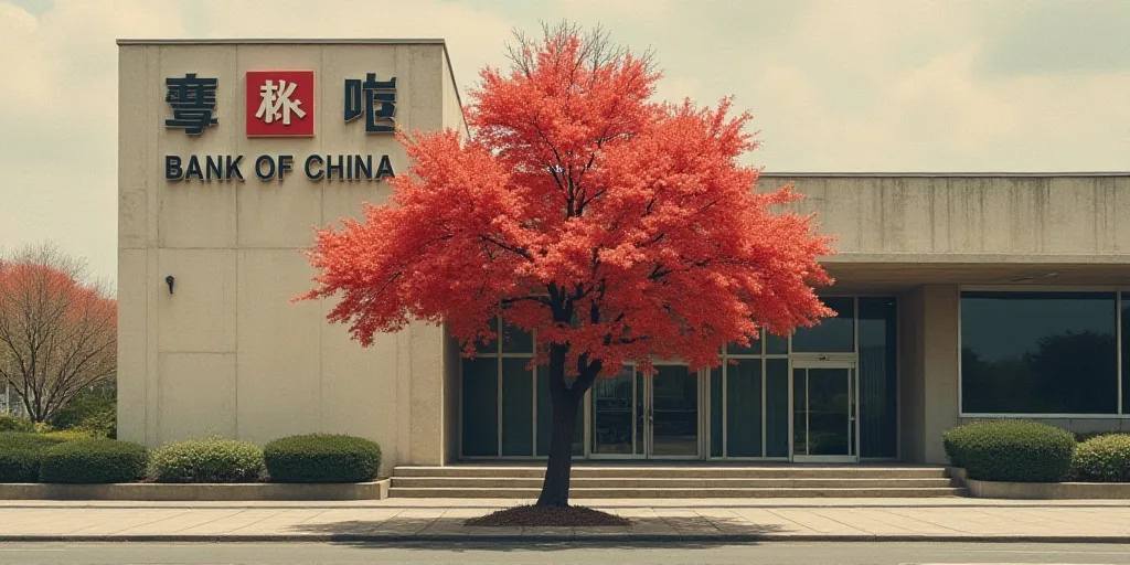 a bank of china sign on a building with chinese writing on it's side and a tree in front of it, Cui