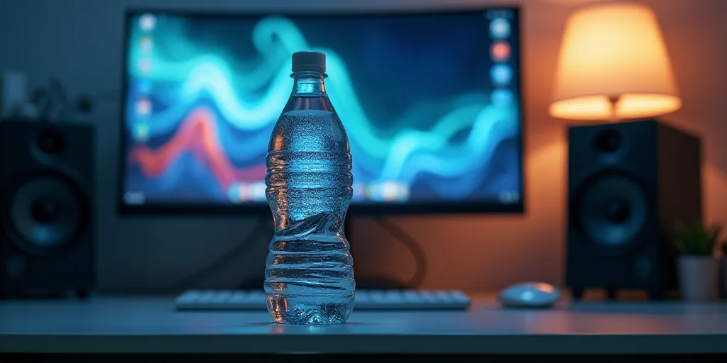 a bottle of water sitting on a table in front of a computer monitor and a clock in the background, A