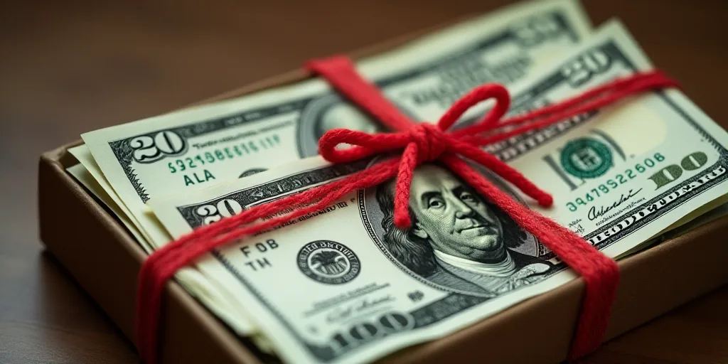 a box full of twenty dollar bills with red string wrapped around them and tied with red string, with