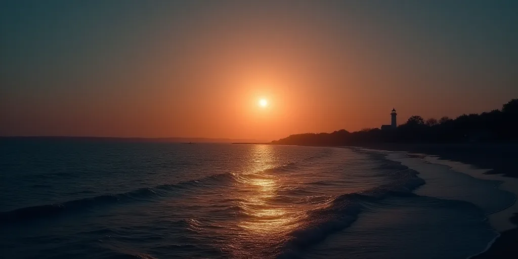 a bright moon is seen over the water at sunset with a lighthouse in the distance in the distance,, F