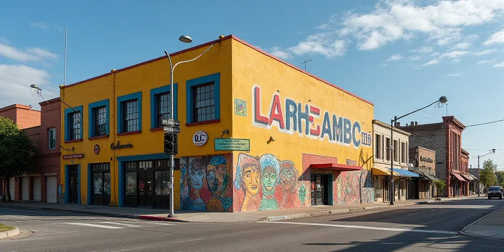 a building with a sign and a traffic light on it's side and a building with a flag on it, David Alfa