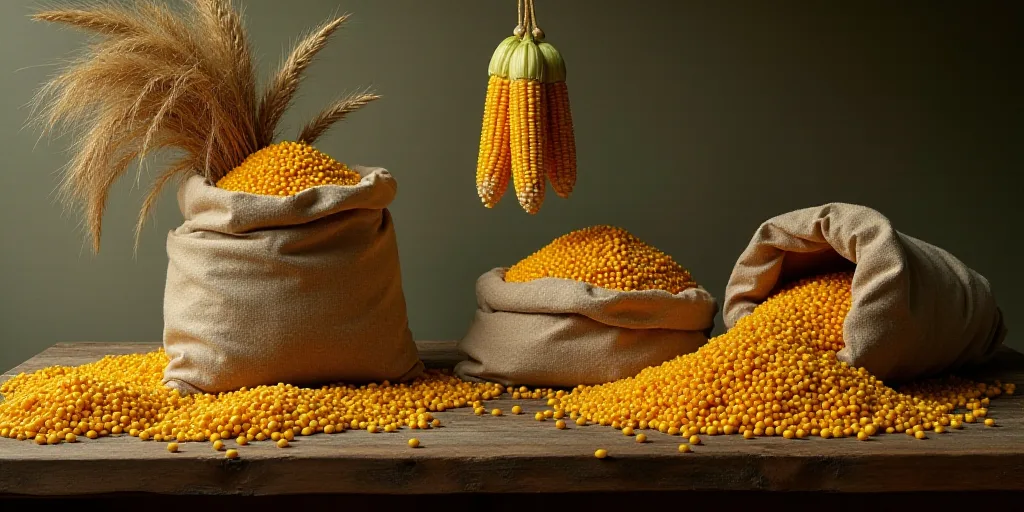 a bunch of corn hanging from a string next to bags of corn on a table with a bag of corn on it, Chri