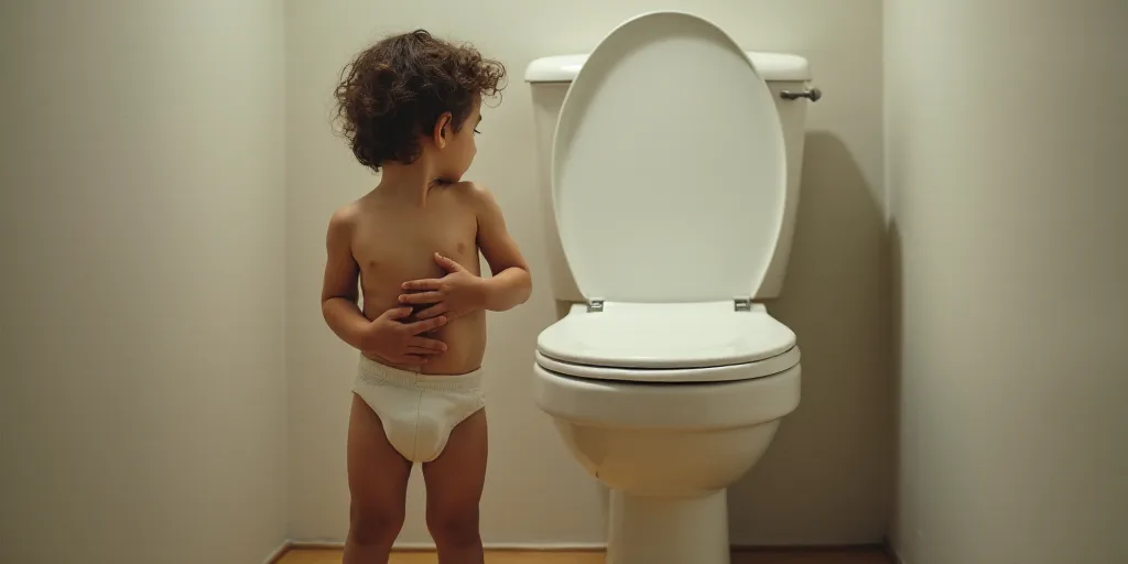a child standing in front of a toilet with his hands on his stomach and a hand on his hip, Évariste