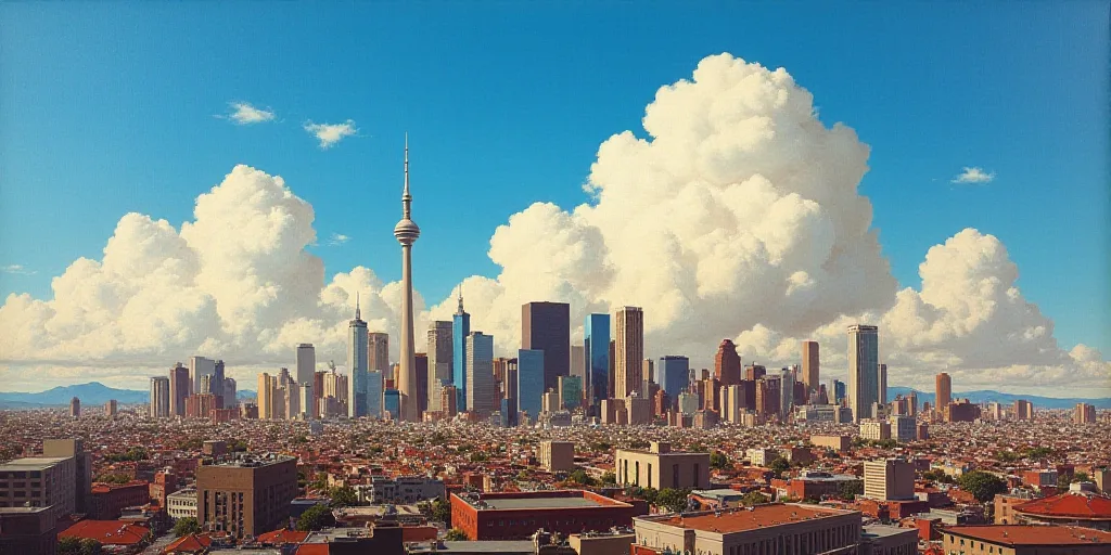 a city skyline with tall buildings and a blue sky in the background with clouds in the sky and a few