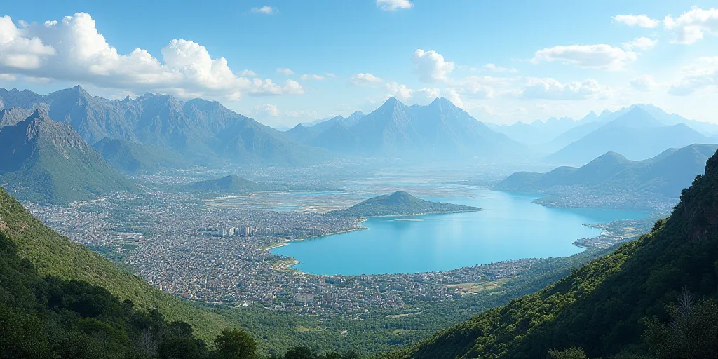 a city with a large body of water in the background and mountains in the background, with a city in