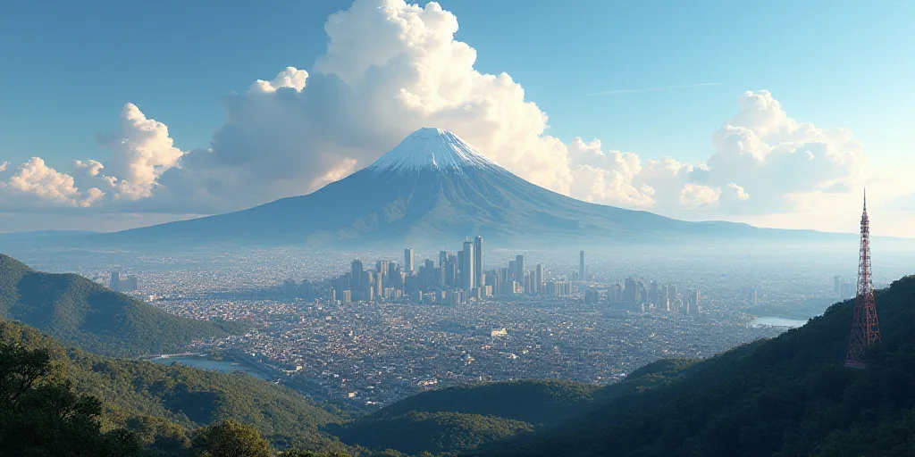 a city with a mountain in the background and clouds in the sky above it, with a cityscape in the for