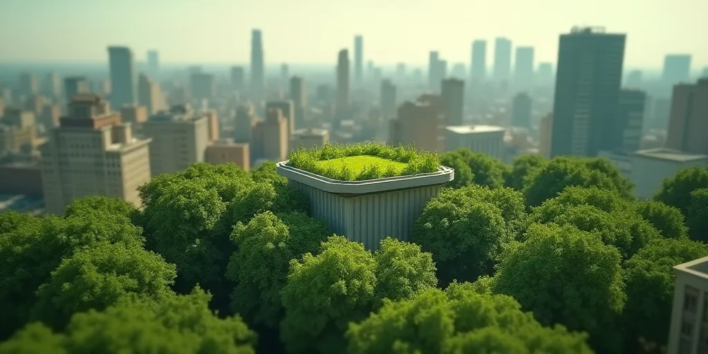 a city with lots of tall buildings and lots of trees in the background, with a green roof top, Diego