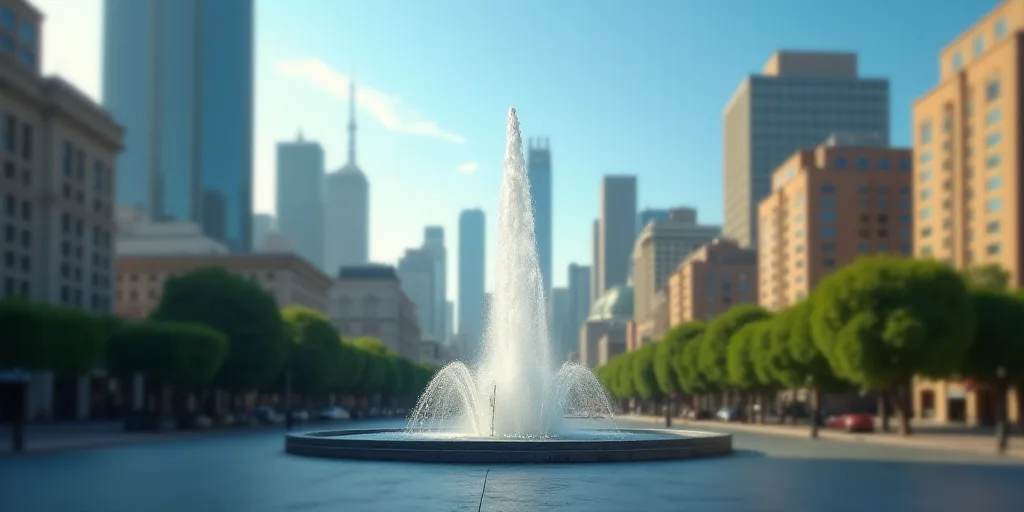 a city with tall buildings and a fountain in the middle of the street and a blue sky in the backgrou