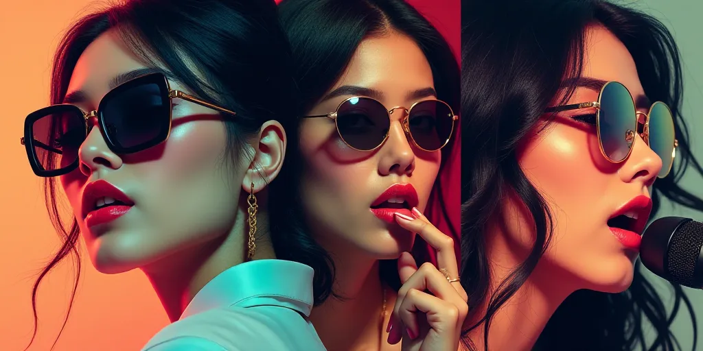 a collage of photos of a woman wearing sunglasses and a woman with a microphone in her hand and a wo