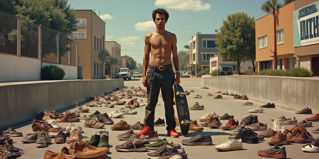 a collage of photos with a man holding a skateboard and a bunch of shoes on the ground, David Wojnar