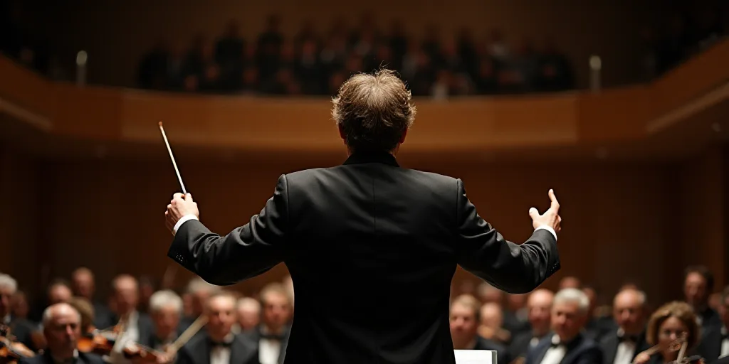 a conductor in a suit and tie holding a baton in front of a crowd of people in a concert hall, Erlun