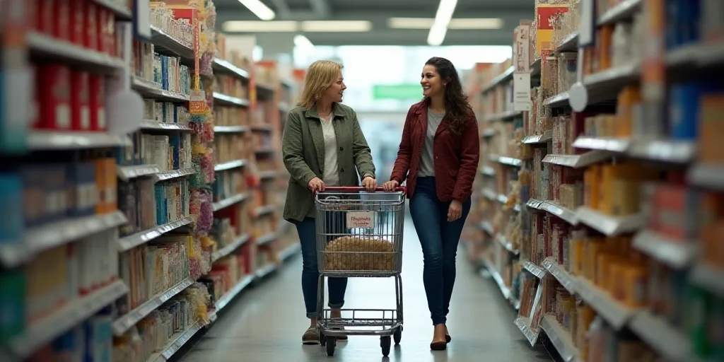 a couple of women pushing a shopping cart through a store aisle with a sign on the side of the aisle