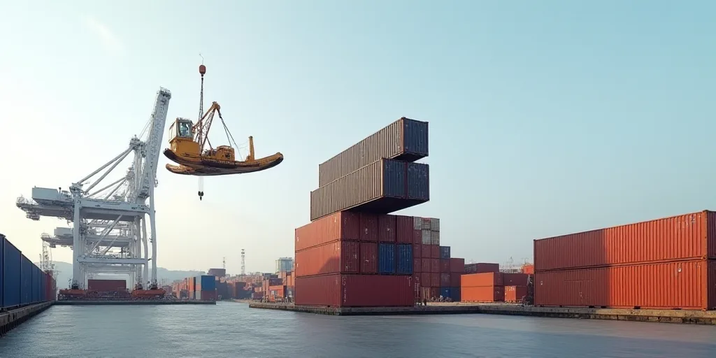 a crane is flying over a large stack of containers in a harbor area with a crane in the background,