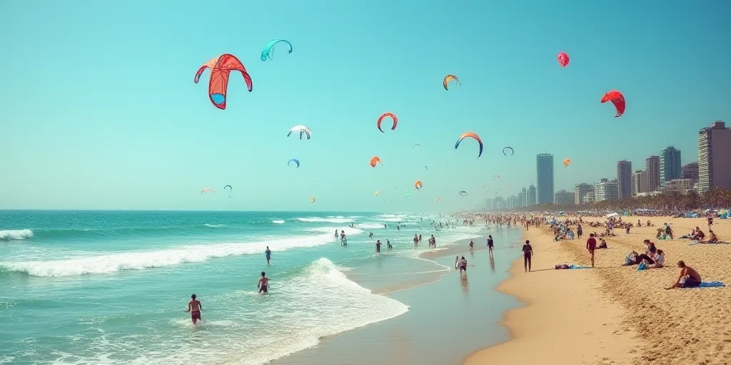 a crowded beach with people flying kites in the water and buildings in the background on a sunny day