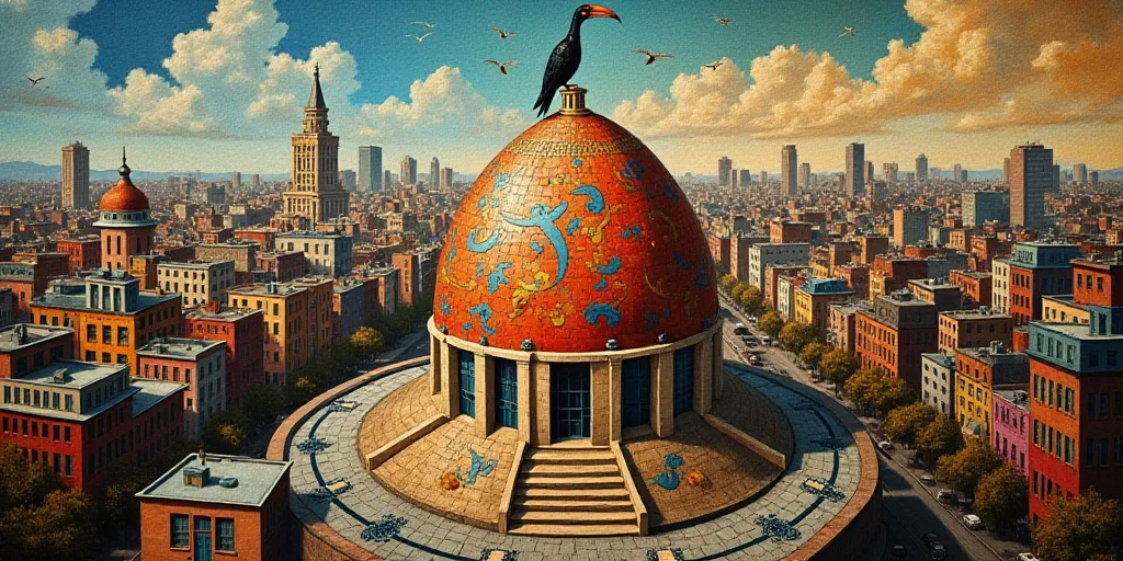 a dome with a bird on top of it in a city with tall buildings and a street below it, David Alfaro Si