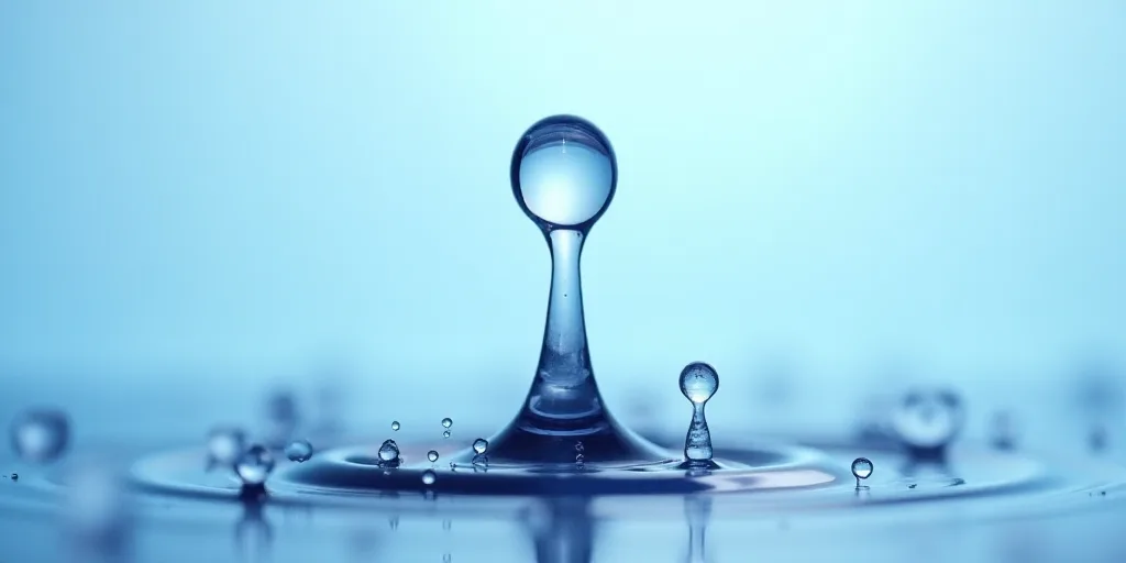 a drop of water is shown in front of a structure of water and bubbles, with a light blue background,