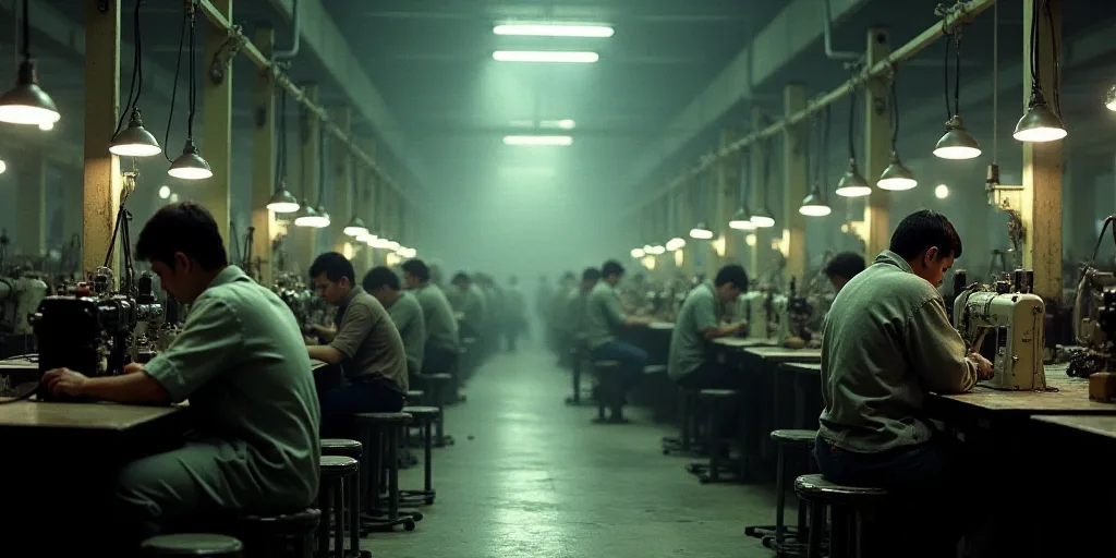 a factory with a lot of people working on sewing machines and chairs and a lot of people working on