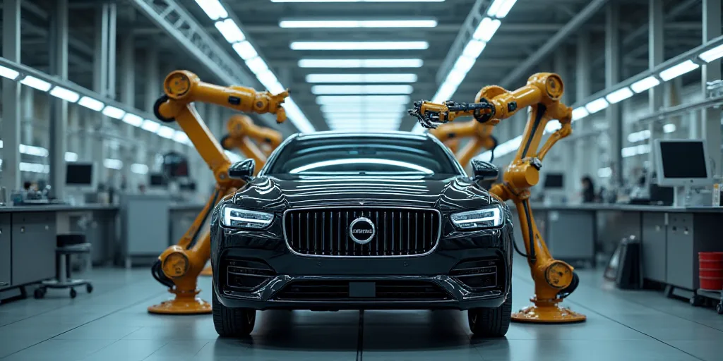 a factory with robots working on a car in the process of assembly and assembly line, with a large am