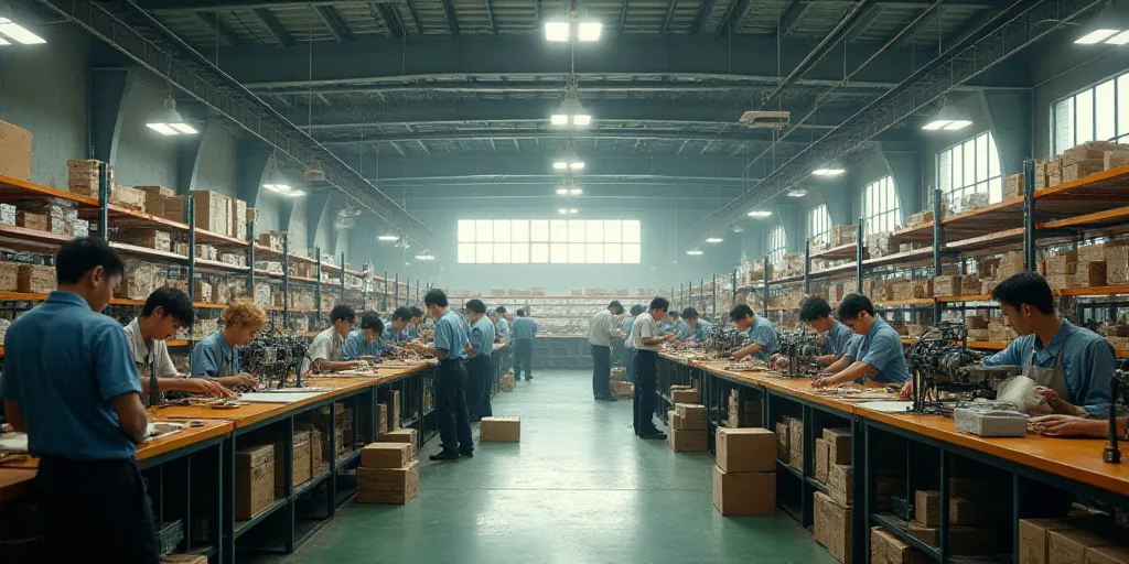 a factory with workers working on machines and a lot of boxes on the floor and shelves full of items