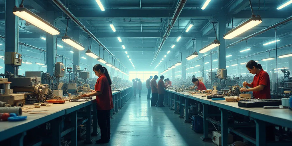 a factory with workers working on machines and other items in it's assembly line, with workers worki