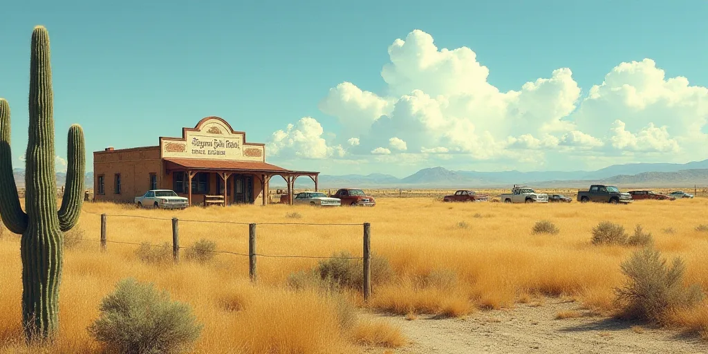 a field with a building and a cactus in the foreground and a fence in the foreground with cars parke