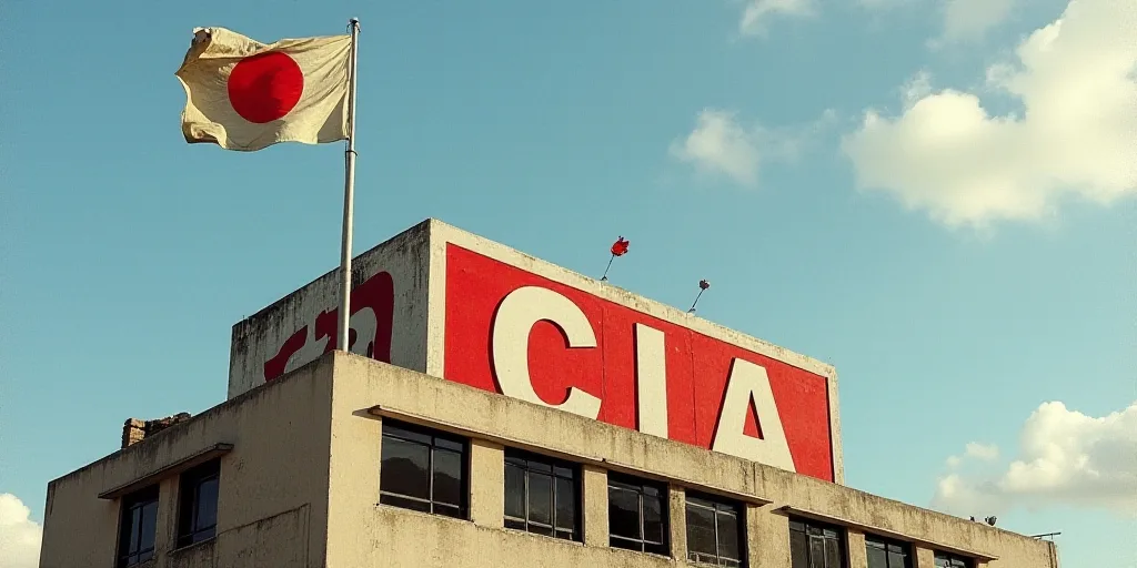 a flag is flying on top of a building with a sign that says cia on it and a flag is on top of a buil