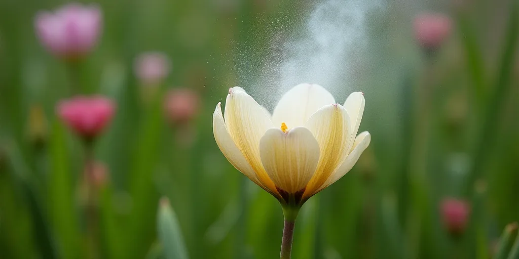 a flower with white spray coming out of it's petals and a blurry background of grass and flowers, Ar