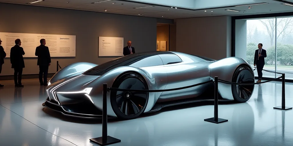 a futuristic vehicle is on display in a museum with people looking at it and a black rope around it,
