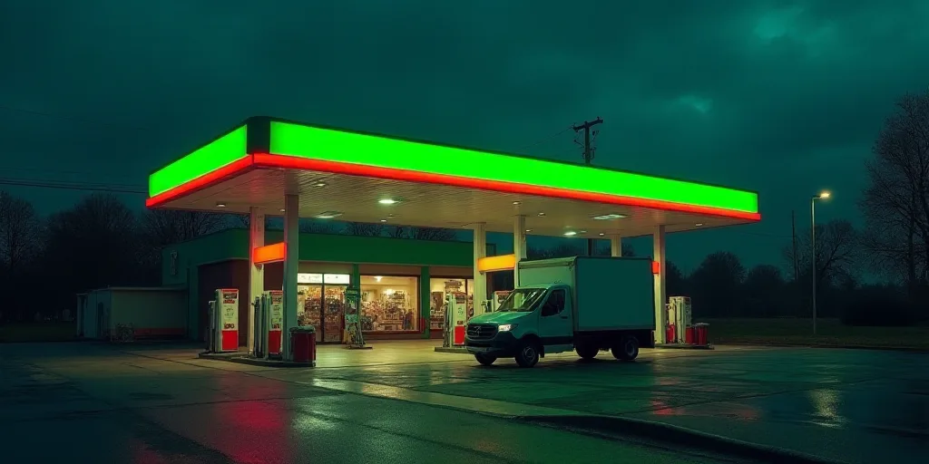 a gas station with a green and red sign and a white truck parked in front of it at night, Constant P