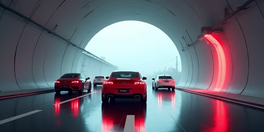 a group of cars in a tunnel with a red car in the middle of the tunnel and a white car in the middle