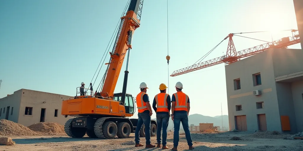 a group of construction workers working on a building site with a crane in the background and a cran