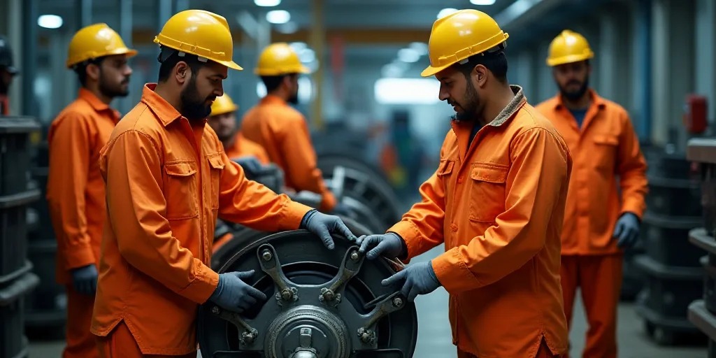 a group of men in orange work on a machine in a factory area with other men in orange work gear, Bas