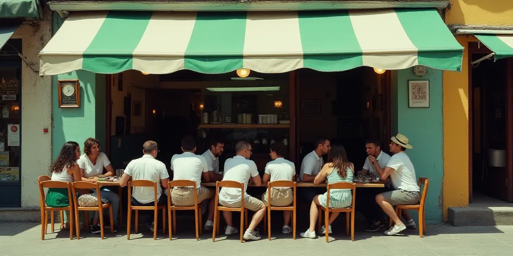 a group of people sitting at a table in front of a building with a green and white awning, Carlos Fr