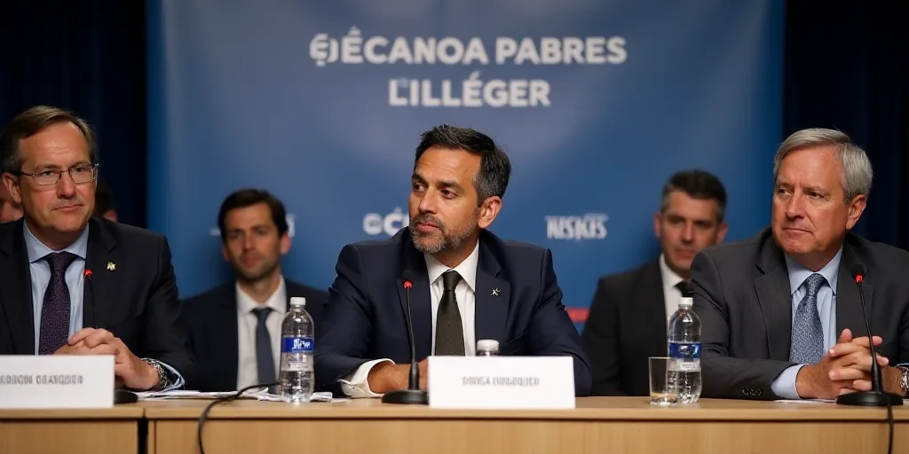 a group of people sitting at a table with microphones in front of them and a sign behind them, Diego
