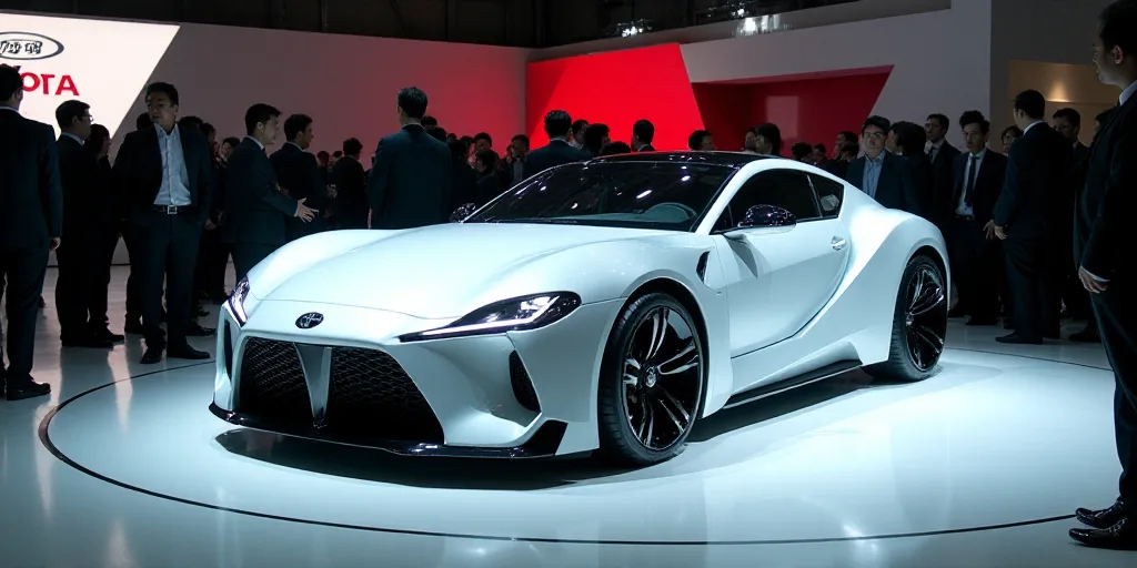 a group of people standing around a toyota car on display at an auto show in tokyo, japan, on oct 11