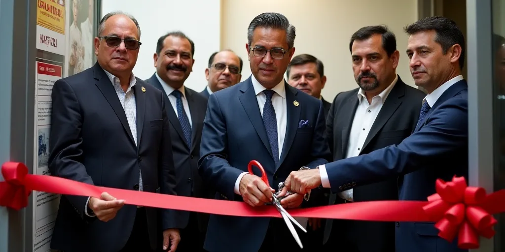 a group of people standing around a ribbon cutting ceremony with scissors in their hands and a man i
