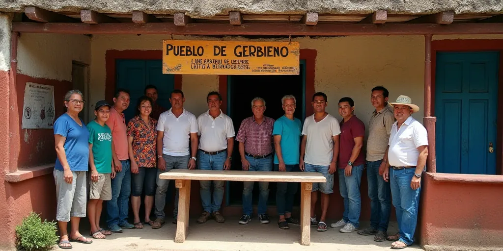 a group of people standing in front of a table with a sign in the background that says pueblo de gob