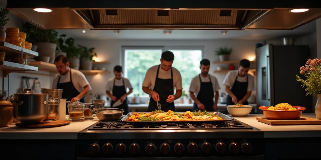 a group of people standing in a kitchen preparing food on top of a stove top ovens and a stove top o