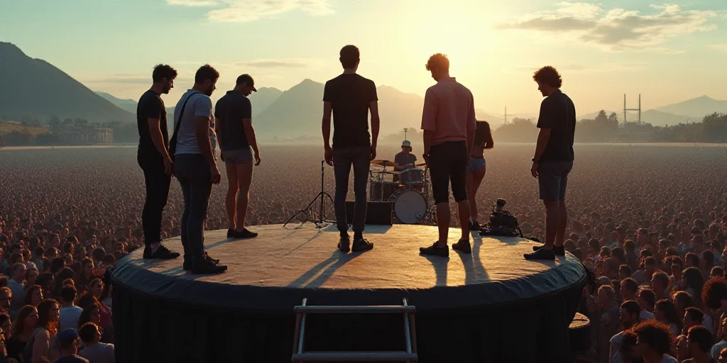 a group of people standing on top of a stage with a band on it's side and a crowd in the background,