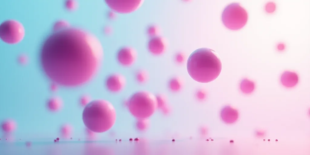 a group of pink balls floating in the air with a blue background and a white background with pink ba