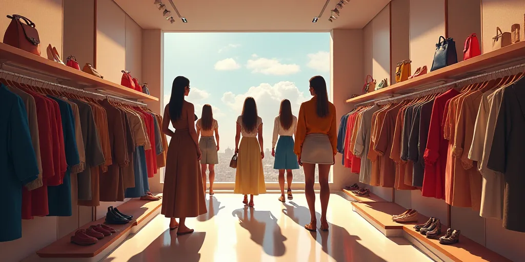 a group of women standing around a store filled with clothes and bags of clothing and shoes on displ