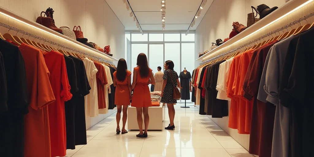a group of women standing around a store filled with clothes and bags of clothing and shoes on displ