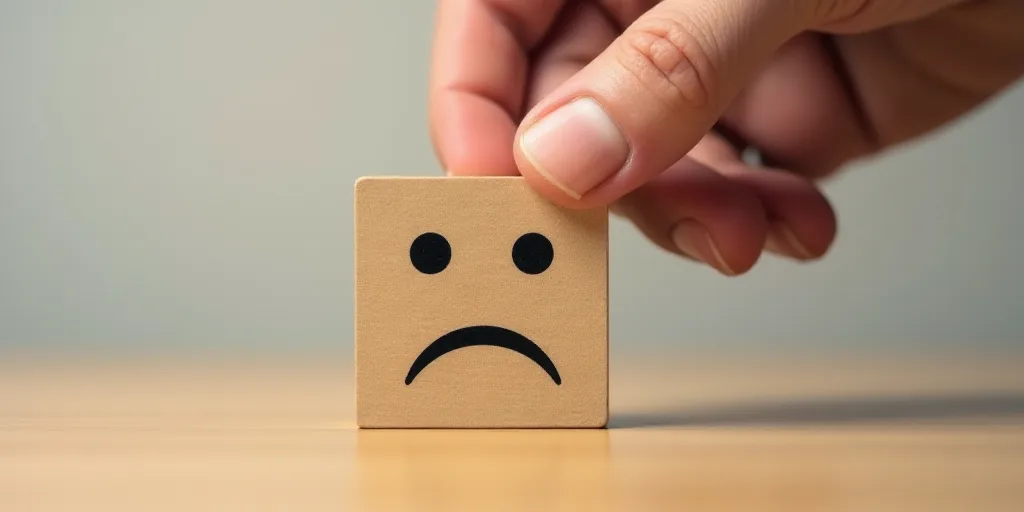 a hand pushing a block with a sad face on it and another block with a sad face on it, Andries Stock,