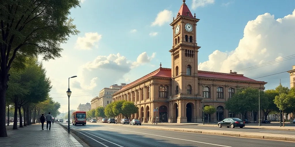 a large building with a tall clock tower on top of it's side walk next to a sidewalk, Carlos Francis