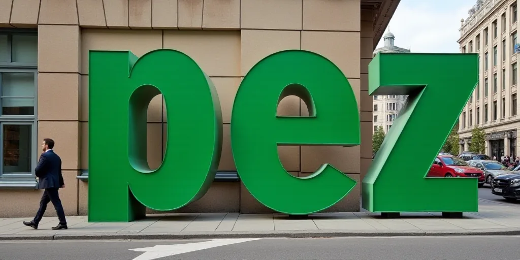 a large green sign that says pez next to a building with a person walking by it on a sidewalk, Const