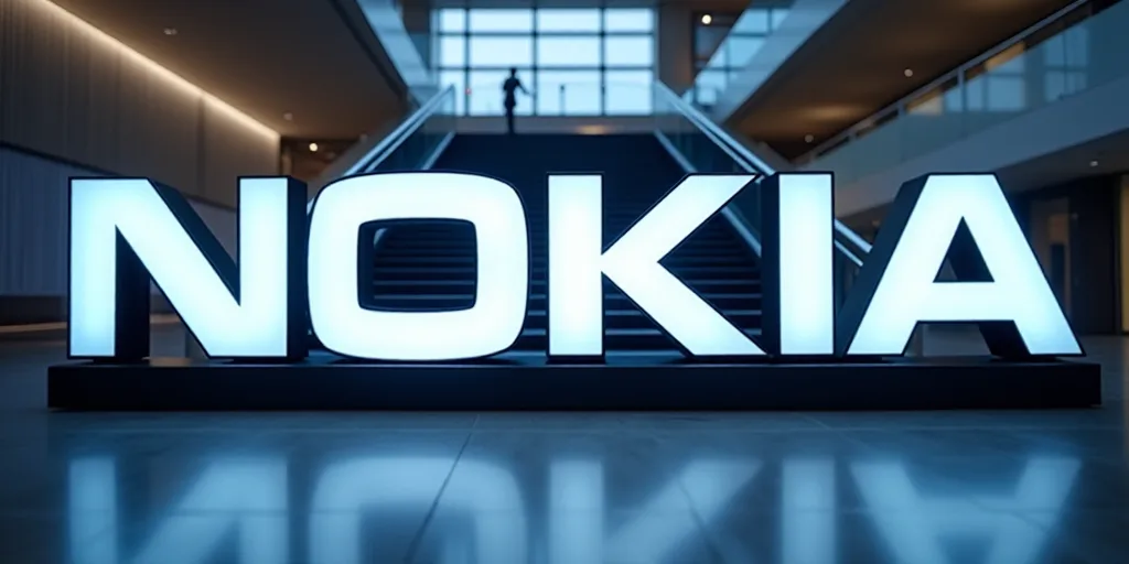 a large sign that says nokia in a lobby with a staircase leading up to it and a large window, Avgust