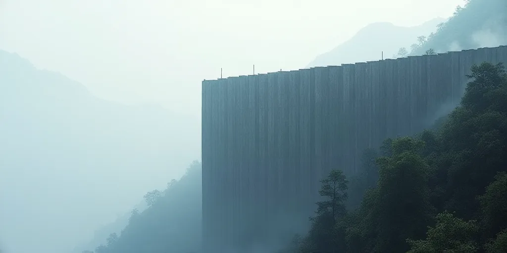 a large wall of a large building on a mountain side with a foggy sky in the background and a few tre