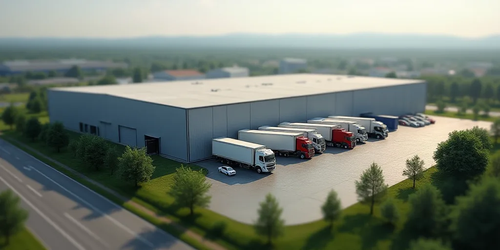 a large warehouse with a lot of trucks parked in front of it and a highway running by it and a large