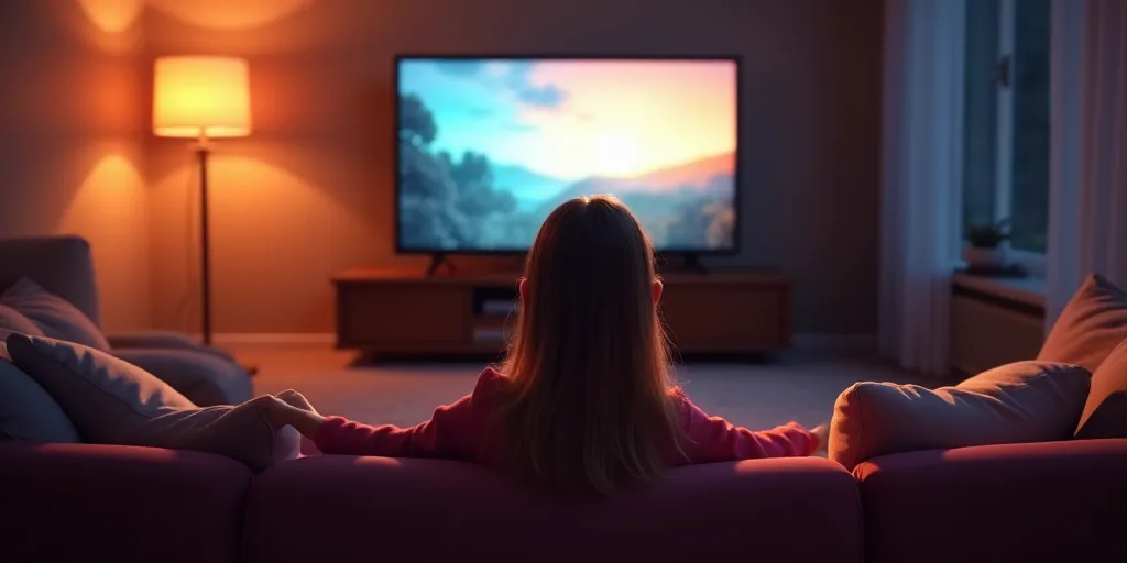 a little girl sitting on a couch watching tv in a living room with a big screen tv in the background