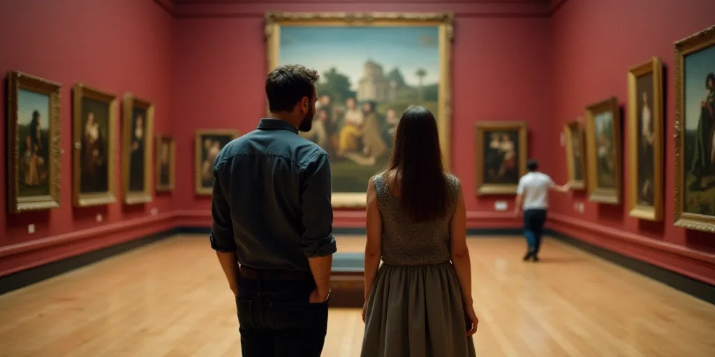 a man and a woman looking at paintings in a museum gallery with a wooden floor and a wall with paint